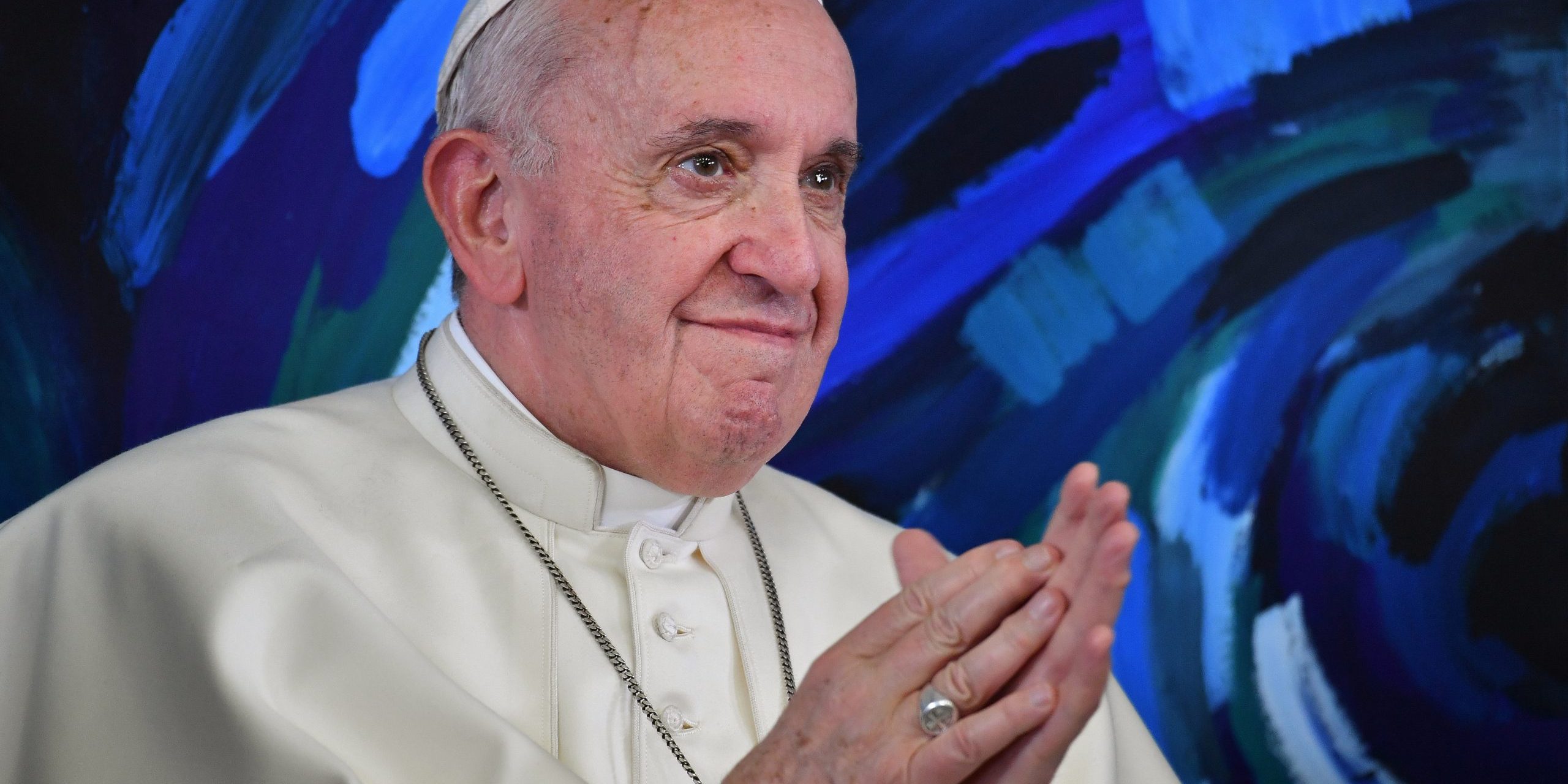 Pope Francis takes part in a global live video conference during the launch of the international computer science peace project “Planning for Peace” in Rome