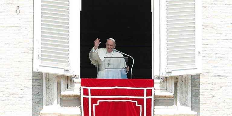 Pope Francis leads the Regina Coeli prayer from his window at St. Peter’s Square