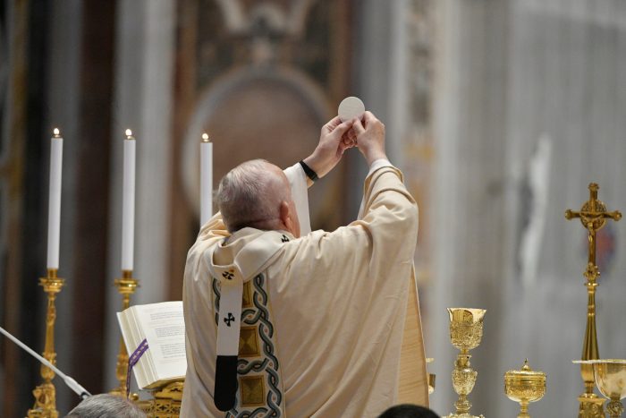 Pope Francis celebrates the Eucharist during Easter Sunday Mass at St. Peter’s Basilica at the Vatican