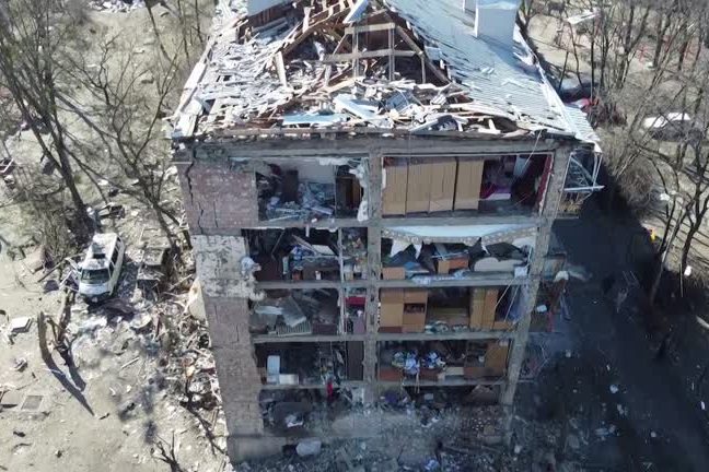 Drone footage shows damage after intercepted rocket fells on residential area