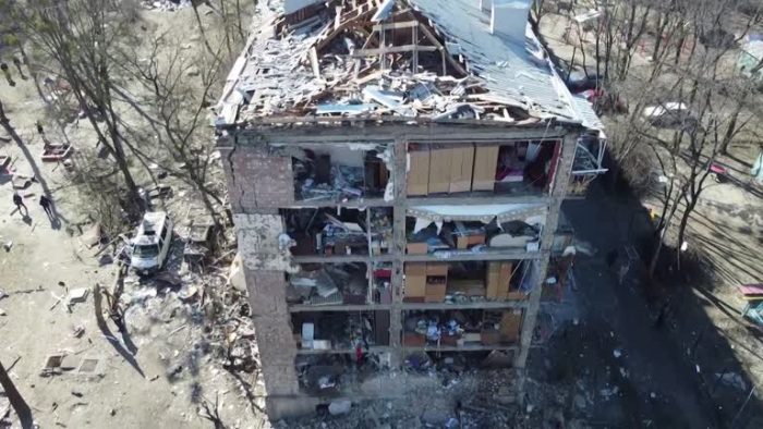 Drone footage shows damage after intercepted rocket fells on residential area