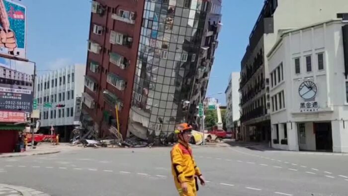 Responders save trapped residents from tilted buildings after Taiwan earthquake